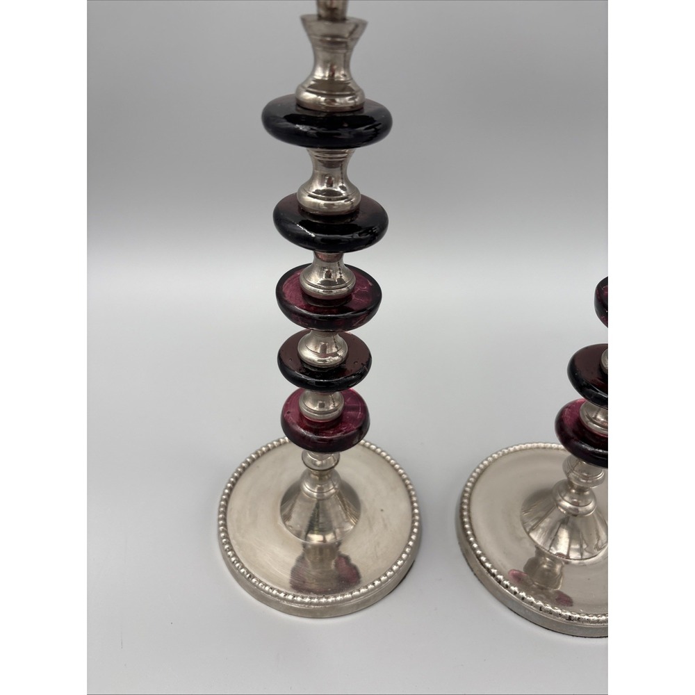 Pillar Candle Holder Set of 2 Made In India Metal Glass Beaded Design Vintage - Picture 8 of 16